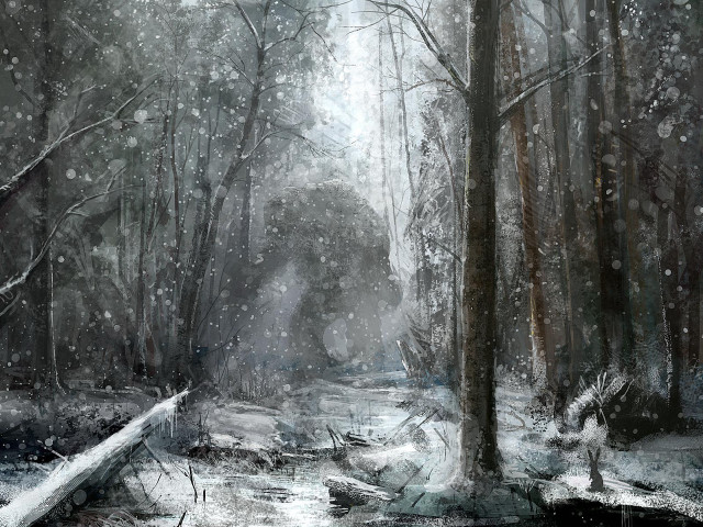 Snowy forest stream night stars free wallpaper - medium preview image