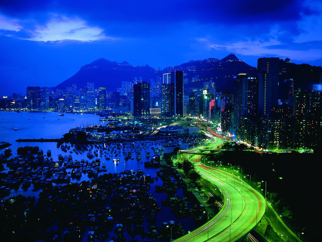 City skyline river night green free wallpaper - medium preview image