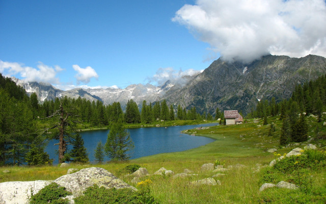 Small cabin lake mountains pine free wallpaper - medium preview image