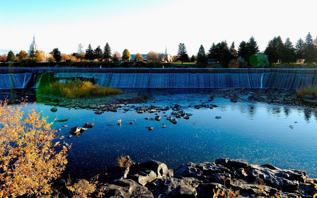 Pond rocks water dam trees free wallpaper - medium preview image