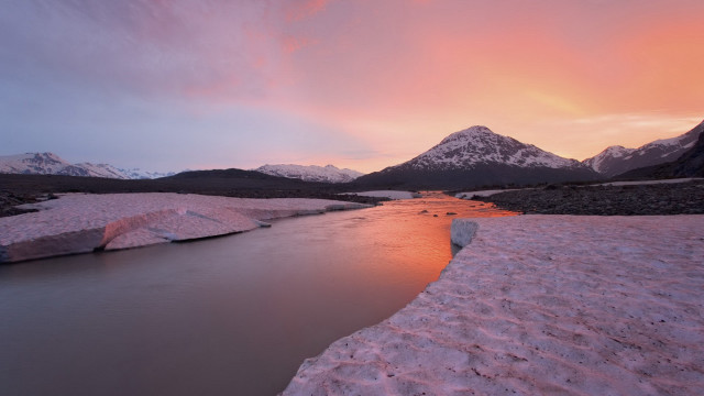 River snow mountains sunset pink free wallpaper - medium preview image