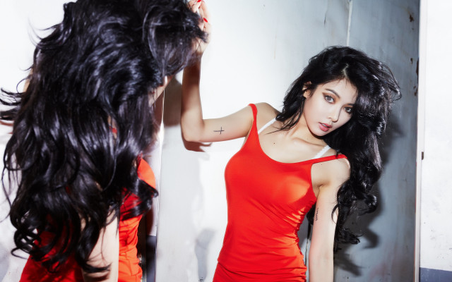Woman red dress brushing hair free wallpaper for desktop - medium preview image