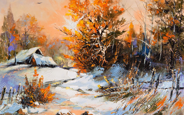 Snowy landscape house trees bird free wallpaper - medium preview image