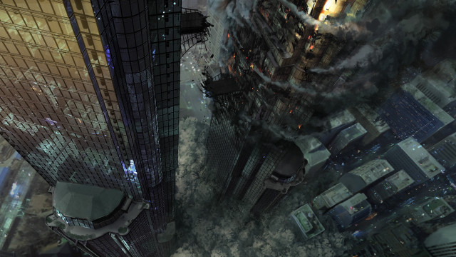 Cityscape smoke tallbuildings mattepainting bridge free wallpaper - medium preview image