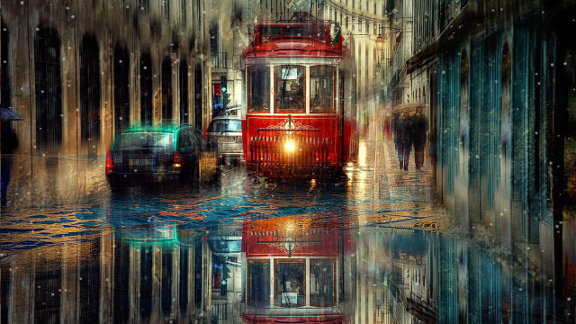 Red trolley cityscape night snow free wallpaper - medium preview image