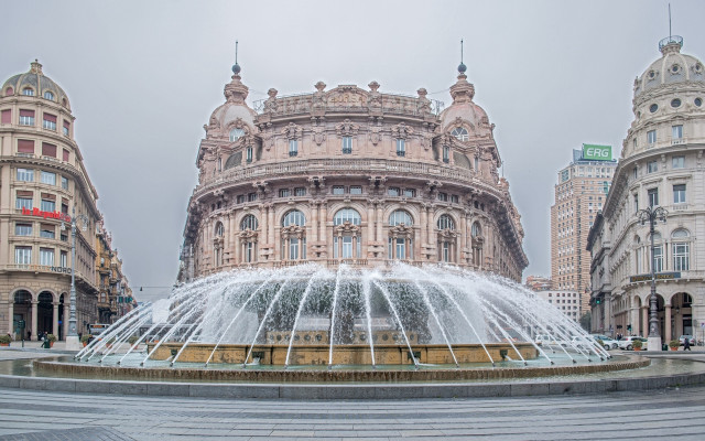 Fountain building clock tower cityscape free wallpaper - medium preview image