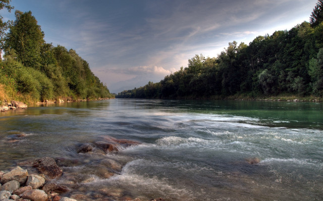 River rocks water forest clouds free wallpaper - medium preview image