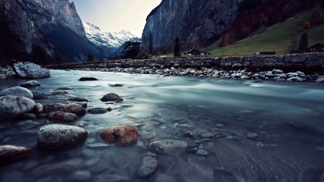 River valley mountains snow rocks free wallpaper - medium preview image