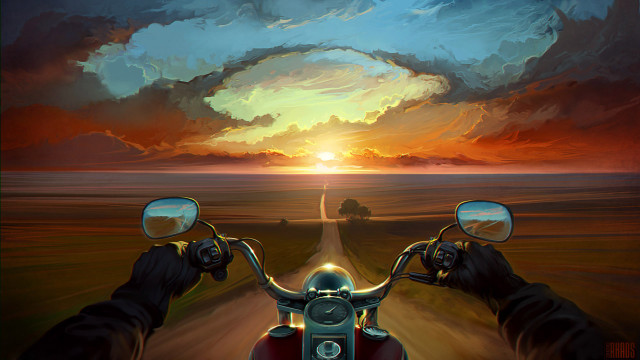 Motorcycle dirt road sunset psychedelic free wallpaper - medium preview image