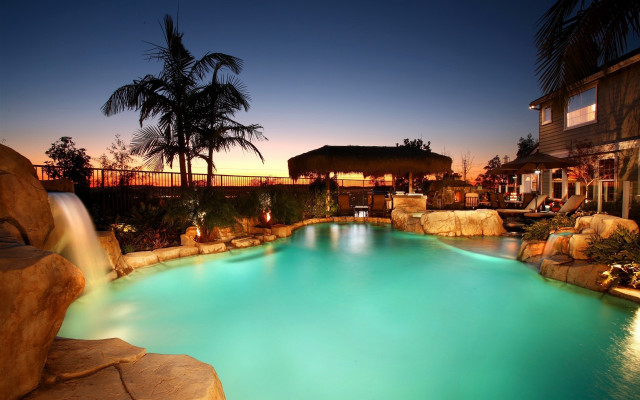 Waterfall pool cityscape night architecture free wallpaper - medium preview image