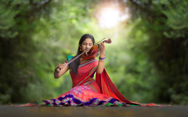 Woman red dress violin forest #2 free wallpaper - medium preview image