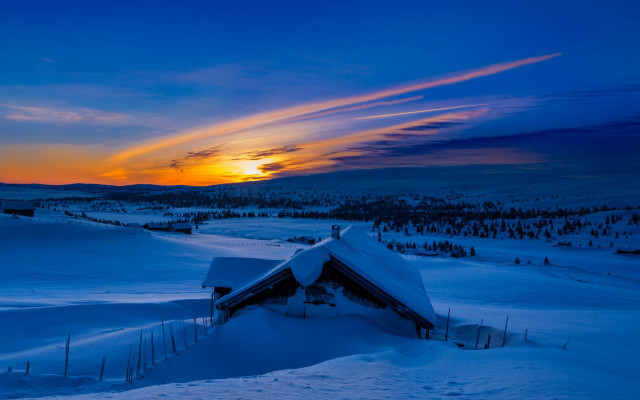 Snowy house sunset clouds matte free wallpaper - medium preview image