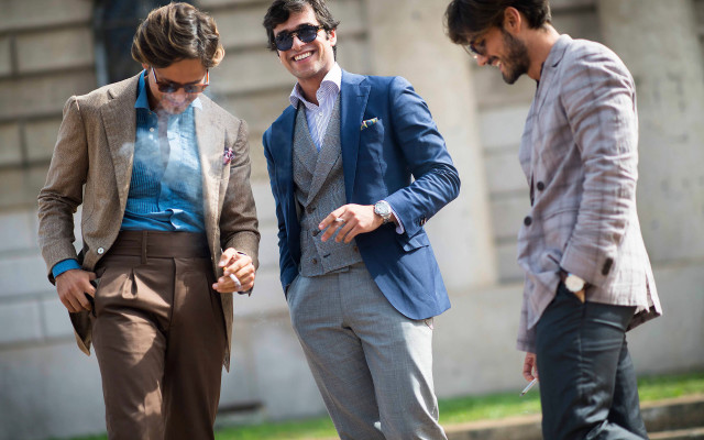 Three men suits laughing blue free wallpaper - medium preview image