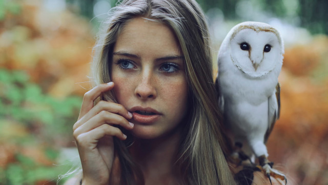Woman owl forest portrait photorealistic free wallpaper - medium preview image