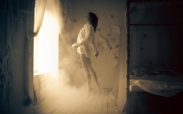 Woman bed window fog art free wallpaper - medium preview image