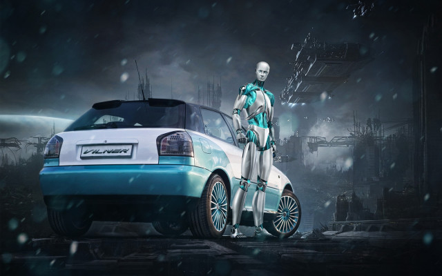 Snowy urban robot car man free wallpaper - medium preview image