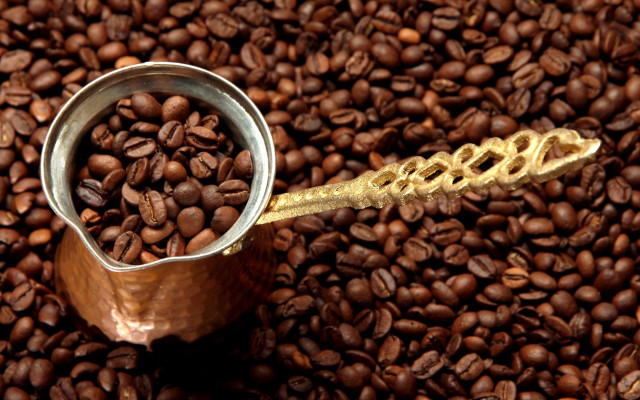 Coffee beans gold spoon hyperrealism free wallpaper - medium preview image