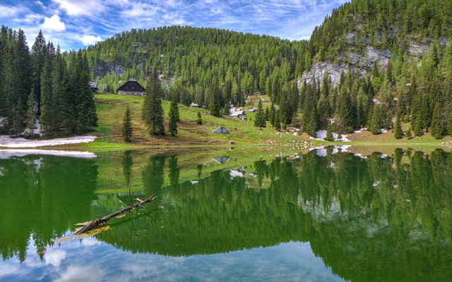 Lake forest cabin mountain sky free wallpaper - medium preview image