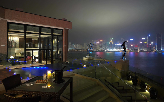Cityscape glassrailing nightlights neon skyscraper free wallpaper - medium preview image