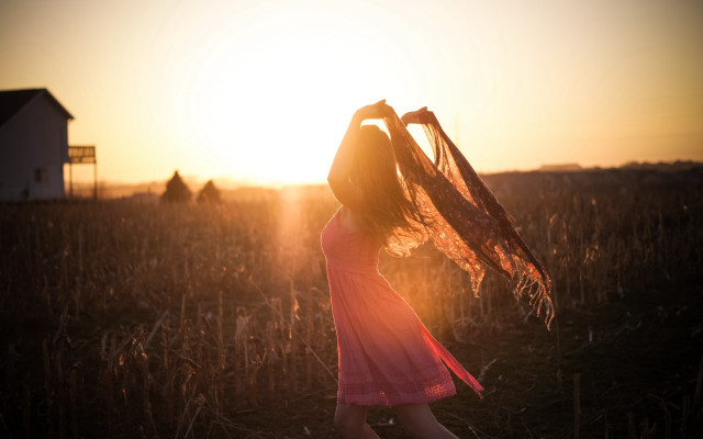 Pink dress woman sunset field free wallpaper - medium preview image