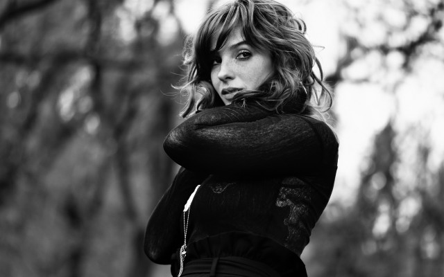 Woman crossed arms forest blackwhite free wallpaper - medium preview image