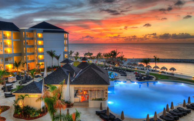 Resort pool sunset ocean beach free wallpaper - medium preview image
