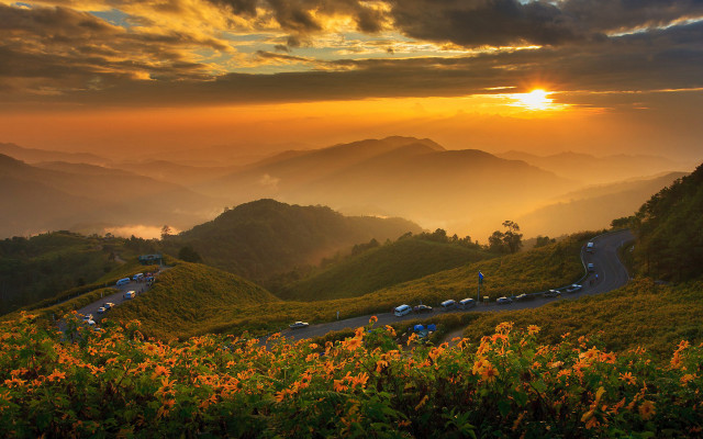 Mountain road sunset flowers cloudy free wallpaper - medium preview image