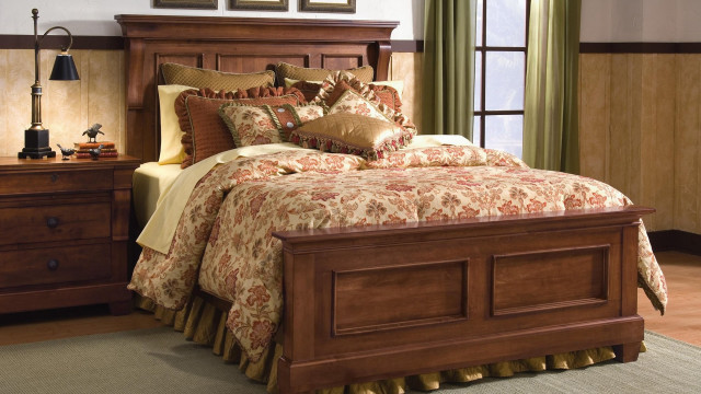 Bed wooden headboard nightstand lamp free wallpaper - medium preview image