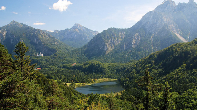 Lake mountains trees house blue free wallpaper - medium preview image