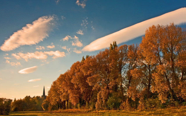 Church spire autumn trees blue free wallpaper - medium preview image