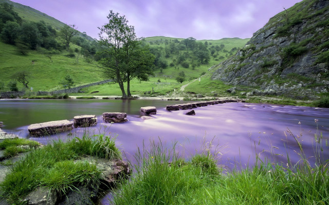 River rocks green hills tree free wallpaper - medium preview image