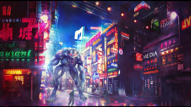 Futuristic city neon robot cyberpunk free wallpaper - medium preview image