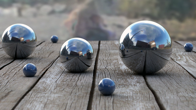 Shiny balls wooden table raytraced free wallpaper - medium preview image