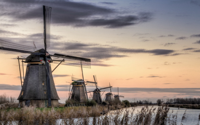 Windmill river sunset clouds landscape free wallpaper - medium preview image