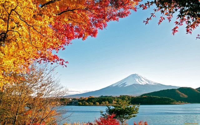 Mountain autumn lake snow ukiyo free wallpaper - medium preview image