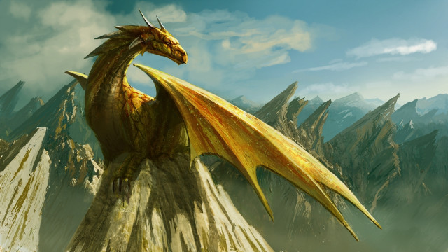 Yellow dragon mountain forest fantasy free wallpaper - medium preview image