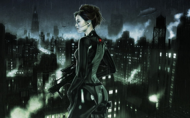 Futuristic city woman gun cyberpunk free wallpaper - medium preview image