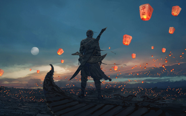 Man hill sword lanterns dusk free wallpaper - medium preview image