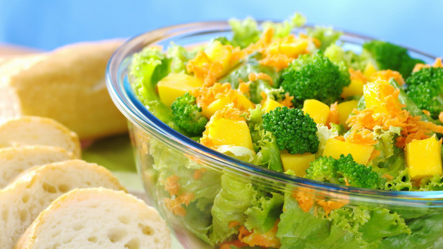 Broccoli vegetables bread table blue free wallpaper - medium preview image