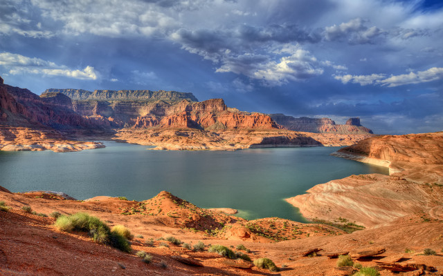 Lake mountains cloudy sky bushes free wallpaper - medium preview image