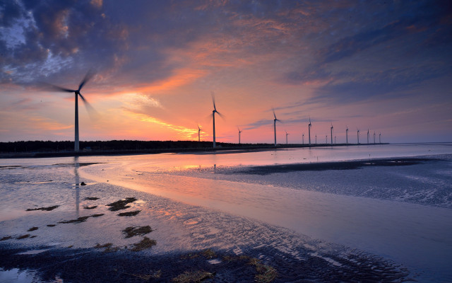 Sunset wind turbines beach ocean free wallpaper - medium preview image