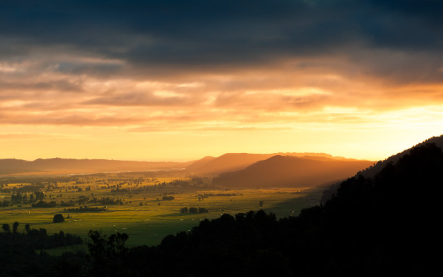 Sunset valley mountains clouds trees free wallpaper - medium preview image