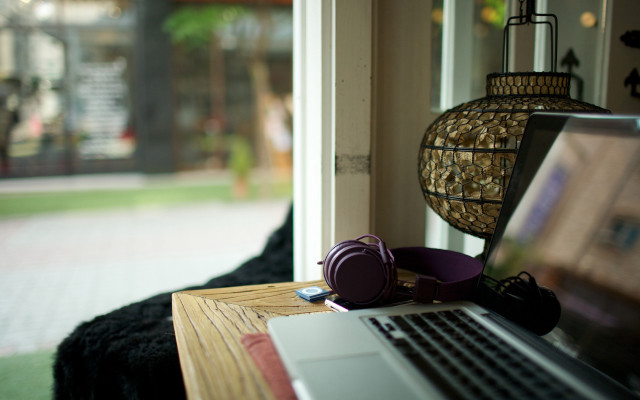 Laptop wooden table window lamp free wallpaper - medium preview image