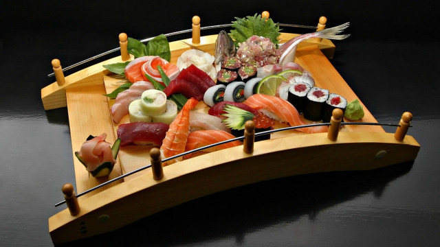 Wooden boat sushi table black free wallpaper - medium preview image