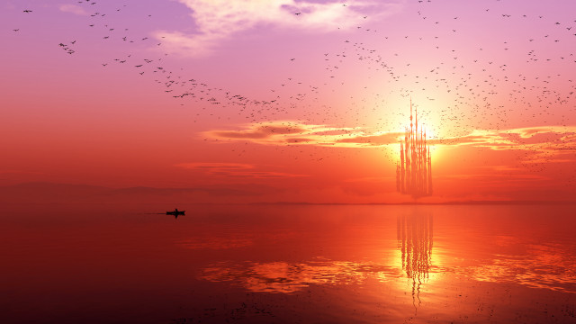Sunset boat birds water person free wallpaper - medium preview image
