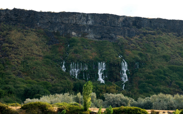 Waterfall mountains trees cows nature free wallpaper - medium preview image