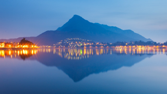 Mountain lake city bridge reflections free wallpaper - medium preview image