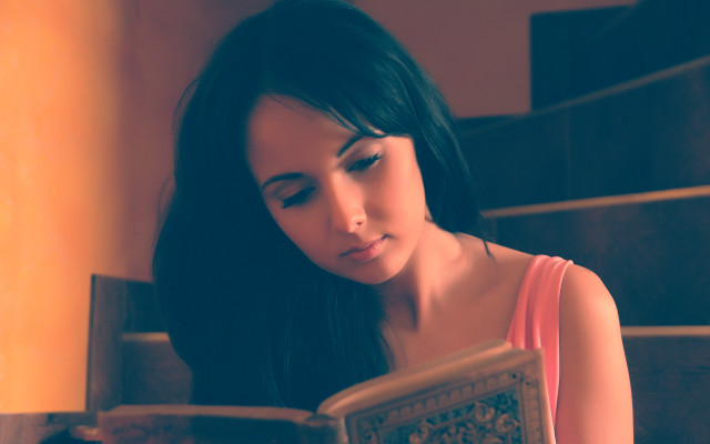 Woman reading cat stairs gothic free wallpaper - medium preview image