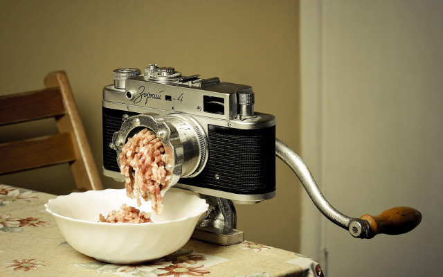 Camera bowl food surrealist sculture free wallpaper - medium preview image