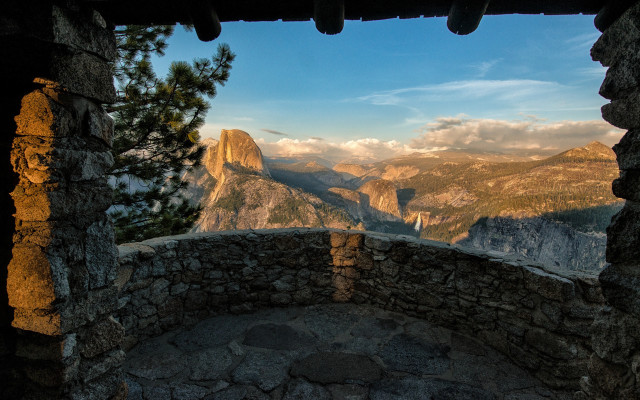 Mountains valley window stone wall free wallpaper - medium preview image